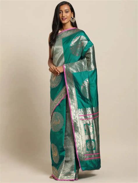 Stylish Banarasi Rama Colour Silk Woven Design Saree