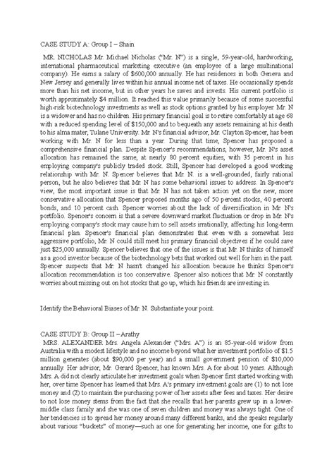 CASE Study A - CASE STUDY A: Group I – Shain MR. NICHOLAS Mr. Michael ...
