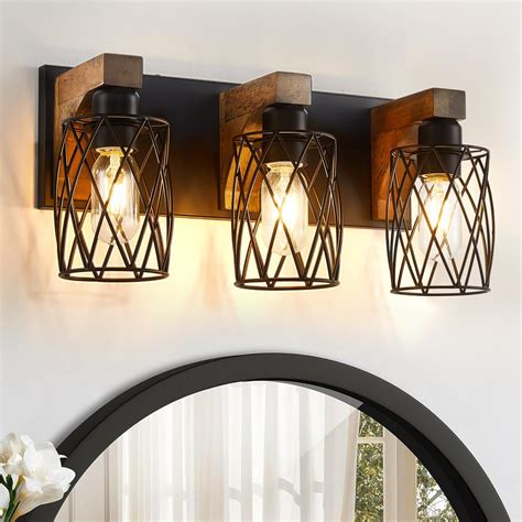 Farmhouse Bathroom Vanity Light, 3-Light Wood Bathroom Light Fixtures ...