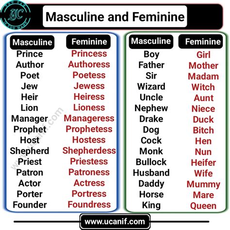 Masculine And Feminine Gender List in English with Rules
