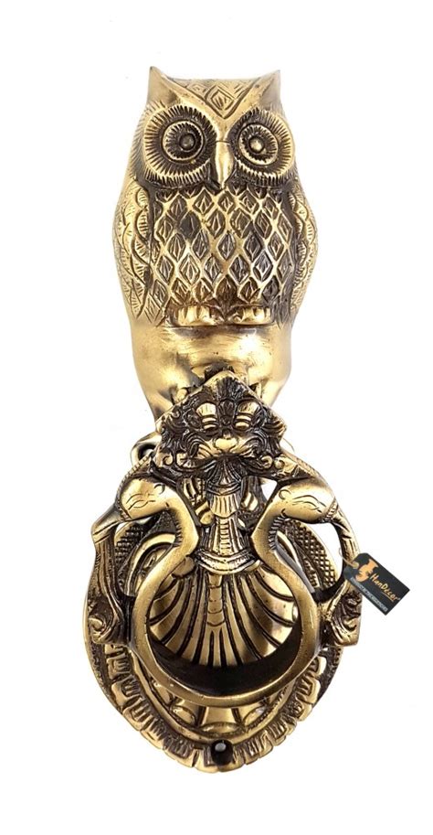 Owl Over Twin Peacock Ring Brass Door Knocker