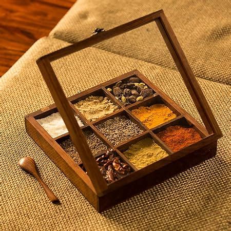 Onvay Natural Wood Spice Box with Spoon and Nine containers for Kitchen ...