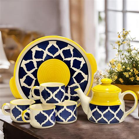 Buy Praahi Lifestyle Tea Cup Set with Kettle & Serving Tray | Ceramic ...
