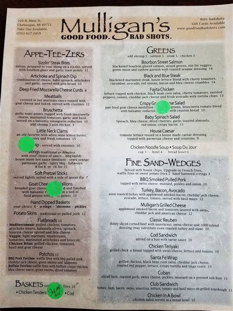 Menu at Mulligan's Restaurant, Cheboygan