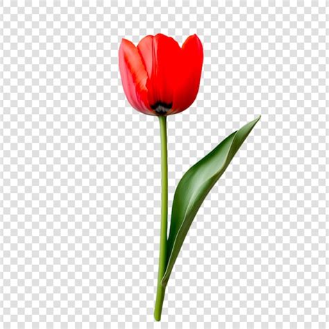 Pojedyncze czerwone kwiaty tulipanów, liście łodygi, izolowane tło ...
