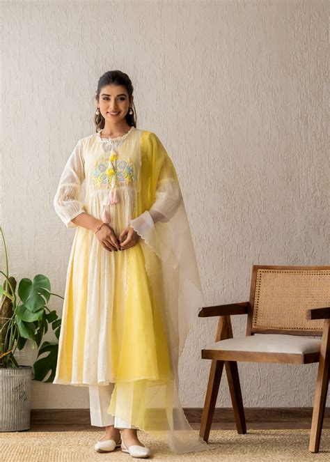 Resham Roses Ivory & Yellow Mukaish Suit Set – Rosettefashion