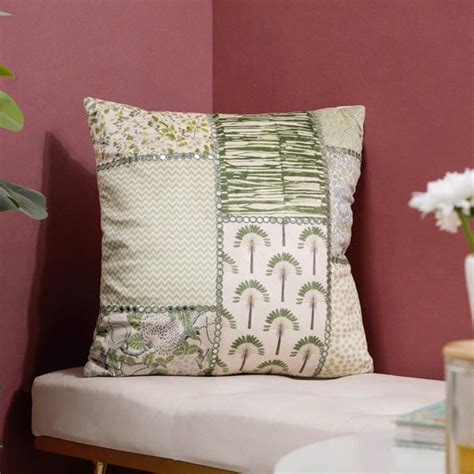 Valencia Mirrorwork Velvet Cushion Cover Green 16 x 16 Inch Online ...