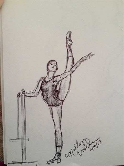 a pencil drawing of a ballerina holding a pole and standing on one leg ...