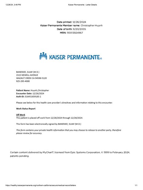 Letters - Medical Record - Kaiser Permanente | PDF