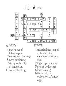 Hobbies Crossword Puzzle Printable and Digital Easel Activity | TPT