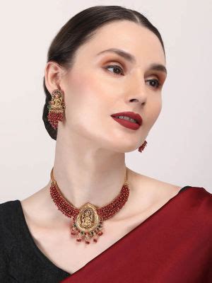 Buy STILEADDA Exquisite Red Hydra Beads Laxmi Temple Necklace Set Online