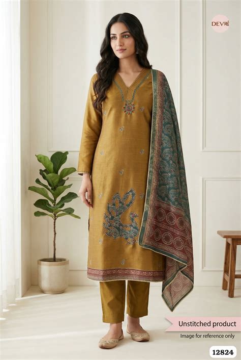 Olive Chanderi Silk Printed Unstitched 3-Piece Suit (Devri – D.No 1282