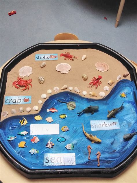 Under the sea tough tray idea | Nursery activities, Rainbow fish activities, Eyfs activities