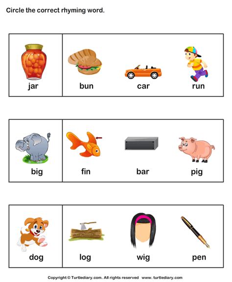 Identify Rhyming Words | Turtle Diary Worksheet
