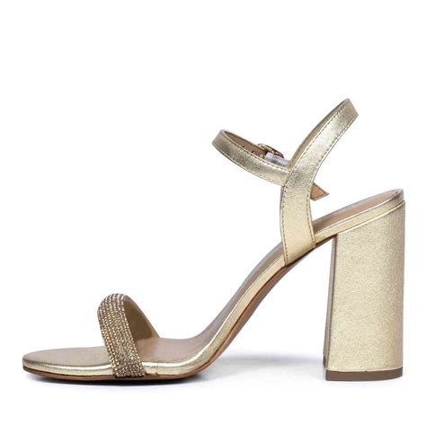 Saint Gracie Strass Embellished Metallic Gold Leather Block Heels ...