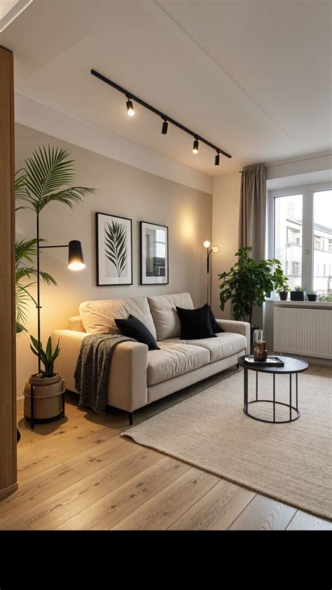 A minimalist Scandinavian living room with light wood floors, a neutral ...