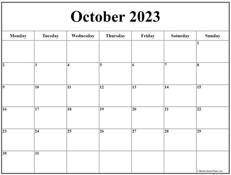 October 2023 Monday Calendar | Monday to Sunday