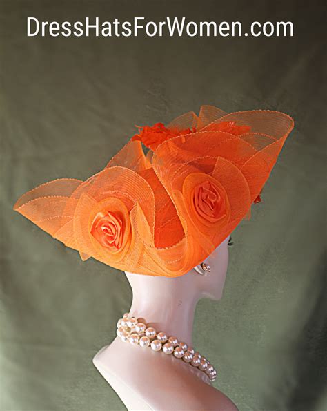 Haute Couture Orange Designer Luxury Hat, Ladies Formal Fashion Dress ...