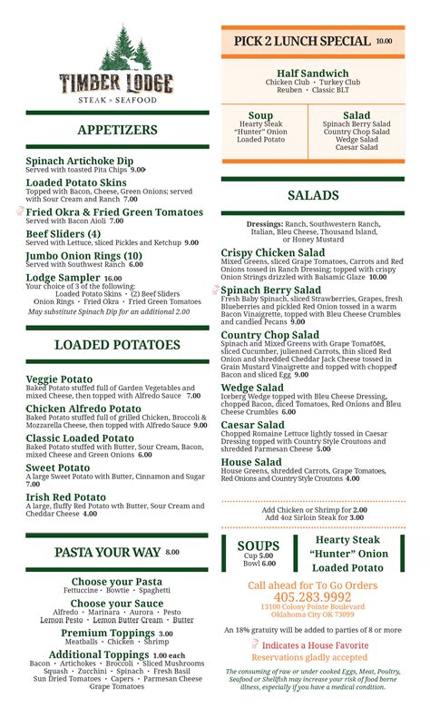 The Timber Lodge Grill Menu, Menu for The Timber Lodge Grill, Piedmont ...