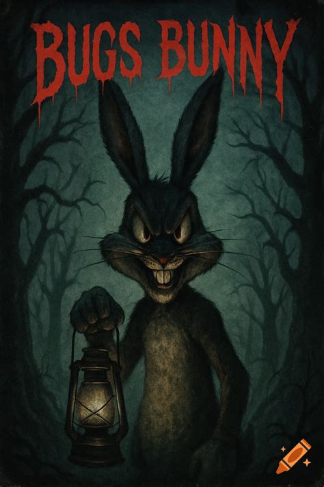 Menacing Bugs Bunny with glowing eyes holds a lantern in a dark forest ...