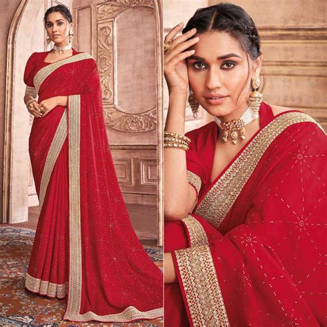 Red Party Wear Embroidery With Sequence Work Satin Silk Saree