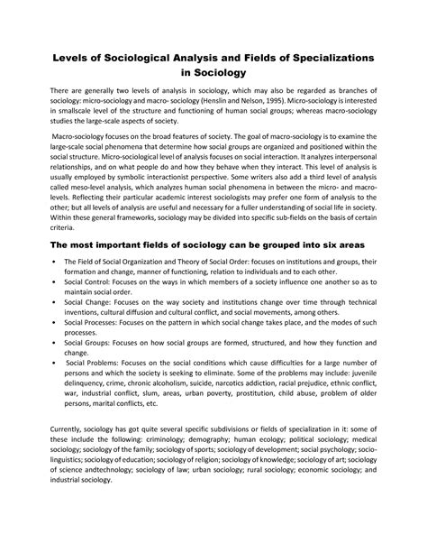 (3) Levels of Sociological Analysis and Fields of Specializations in ...