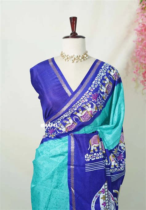 Turquoise Green with Elephant Border - Uniform sarees Malgudi Printed ...