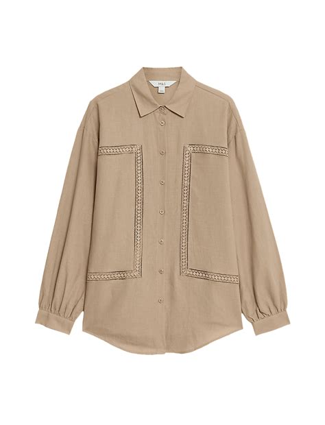 Buy Linen Rich Collared Lace Insert Shirt at Marks & Spencer