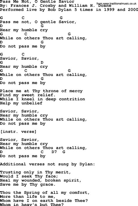 Bob Dylan song - Pass Me Not, O Gentle Savior, lyrics and chords