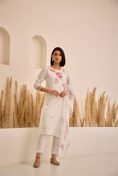 Neerus White Straight Embellished Kurta And Trousers With Dupatta ...