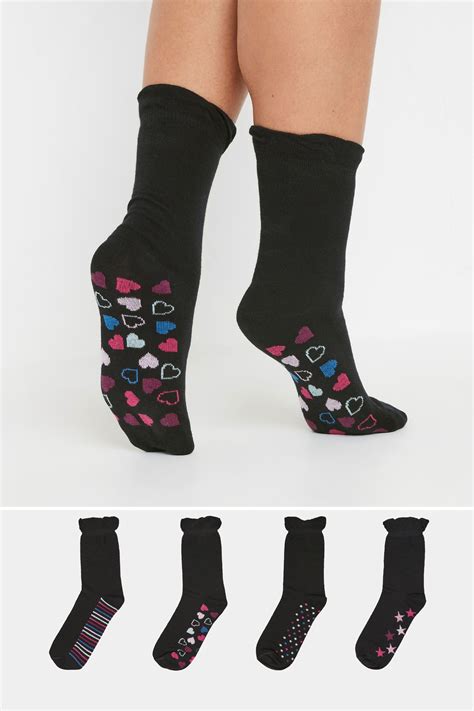 YOURS 4 PACK Plus Size Black Star & Stripe Ankle Socks | Yours Clothing