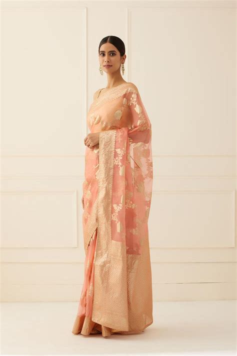 Peach Hand Woven Floral Zari Organza Banarasi Saree – Geroo Jaipur