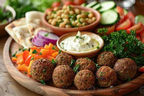 Falafel platter with tahini, pita, and veggies 42706685 Stock Photo at ...
