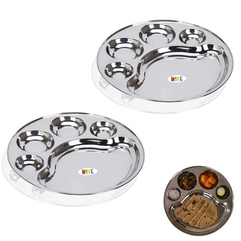Buy Nsvl Stainless Steel Round 5 Compartment Lunch/Dinner Plates, 31cm ...