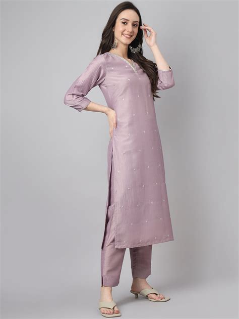 Women's Lavender Chinon Embellished Kurta with Pant and Dupatta