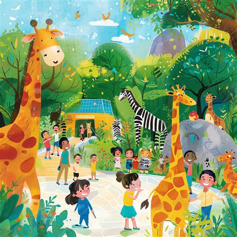Premium Photo | A painting of children and giraffes in a zoo