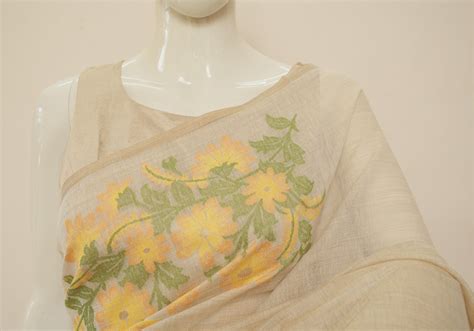 Beige Cotton Linen Saree With Woven Yellow Flower Design|Desically Ethnic
