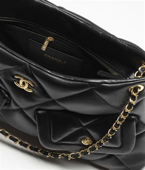 Shopping bag, Shiny lambskin & gold-tone metal, black — Fashion | CHANEL