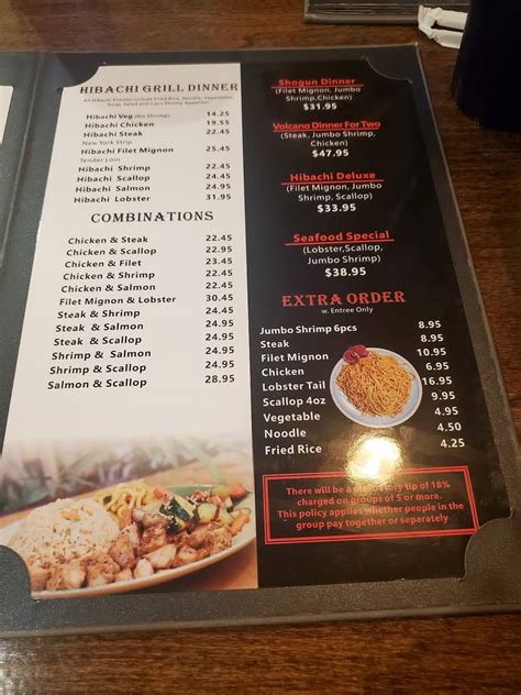 Menu at Volcano restaurant, Elizabeth City