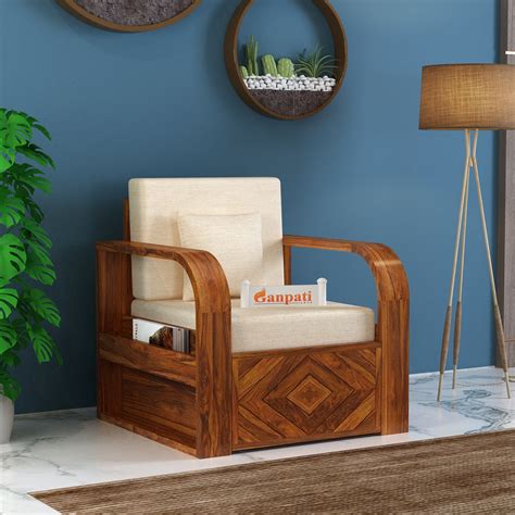 Wave Solid Sheesham Wood Single Seater Sofa With Side Pockets - 3 Year ...