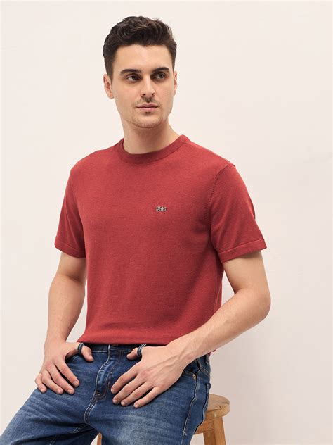 Men Rust Solid Regular Fit Ribbed Crew Neck T-shirt – FYVA