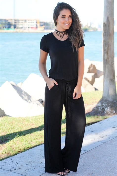Black Short Sleeve Jumpsuit | Jumpsuit with sleeves, Short sleeve ...