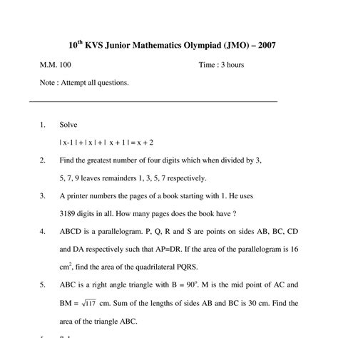 (www.entrance-exam.net)-KVS Junior Mathematics Olympiad (JMO) Sample ...