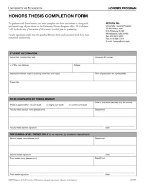 Fillable Online carlsonschool umn HONORS THESIS COMPLETION FORM ...