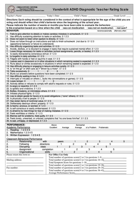 Child Study Center Vanderbilt Adhd Diagnostic Teacher Rating Scale ...