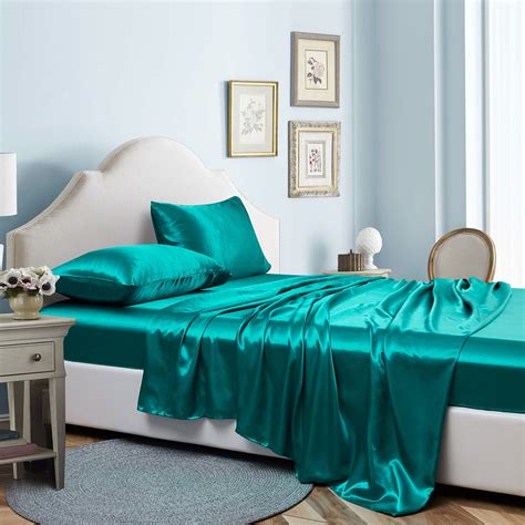 ANMINY Satin Sheets Queen Silk Sheets Turquoise Bed Sheet Set Deep ...
