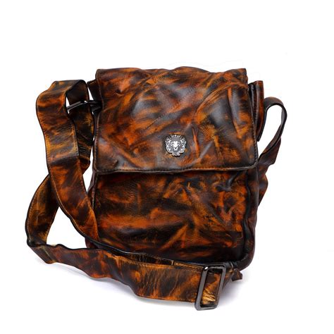 Dark Brown Inverted Patina Finish Textured Leather Flapover Crossbody