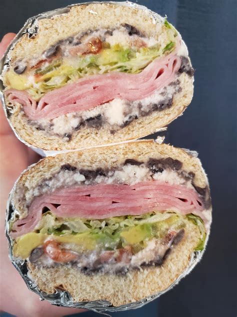 Ham, Avocado, tomato, lettuce, pickled jalapeños, refried beans and ...