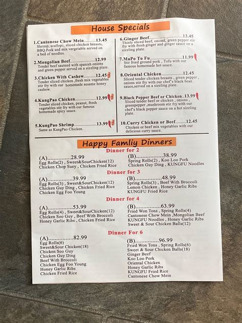 Menu at Kung Fu Chinese Restaurant, St. John's