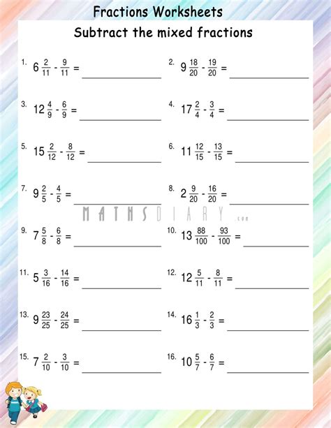 Subtract the mixed fractions - Math Worksheets - MathsDiary.com